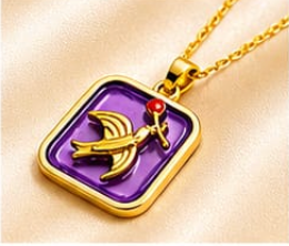 Gold 3D Flying Swallow & Ruby Crystal Purple Resin Square Pendant Necklace