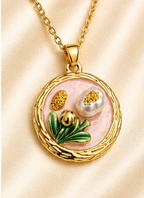 Gold 3D Tulip & Pearl Blush Pink Enamel Circle Coin Pendant Necklace