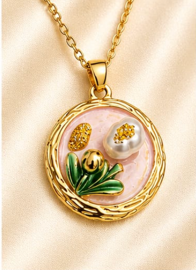 Gold 3D Tulip & Pearl Blush Pink Enamel Circle Coin Pendant Necklace