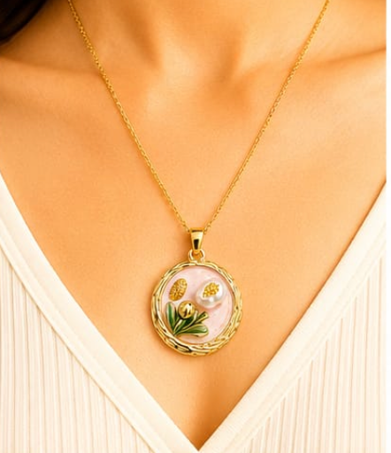 Gold 3D Tulip & Pearl Blush Pink Enamel Circle Coin Pendant Necklace