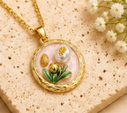 Gold 3D Tulip & Pearl Blush Pink Enamel Circle Coin Pendant Necklace