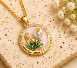 Gold 3D Tulip & Pearl Blush Pink Enamel Circle Coin Pendant Necklace