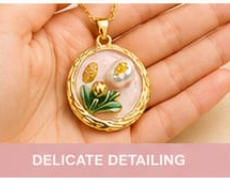 Gold 3D Tulip & Pearl Blush Pink Enamel Circle Coin Pendant Necklace