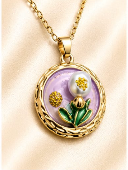 Gold 3D Tulip & Pearl Lavender Enamel Circle Coin Pendant Necklace