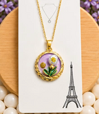 Gold 3D Tulip & Pearl Lavender Enamel Circle Coin Pendant Necklace