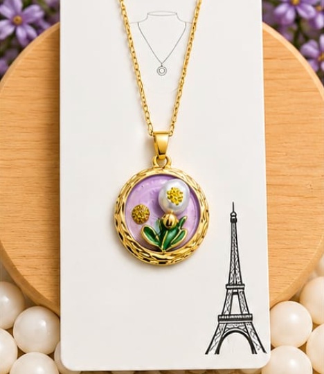 Gold 3D Tulip & Pearl Lavender Enamel Circle Coin Pendant Necklace