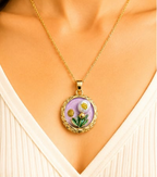 Gold 3D Tulip & Pearl Lavender Enamel Circle Coin Pendant Necklace