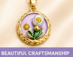 Gold 3D Tulip & Pearl Lavender Enamel Circle Coin Pendant Necklace