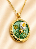 Gold 3D Tulip & Pearl Sage Green Enamel Circle Coin Pendant Necklace