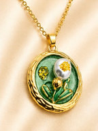 Gold 3D Tulip & Pearl Sage Green Enamel Circle Coin Pendant Necklace