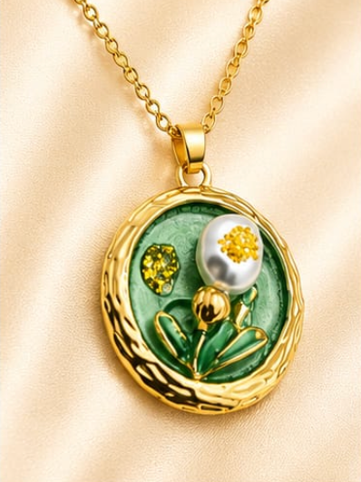 Gold 3D Tulip & Pearl Sage Green Enamel Circle Coin Pendant Necklace