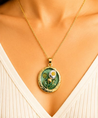 Gold 3D Tulip & Pearl Sage Green Enamel Circle Coin Pendant Necklace
