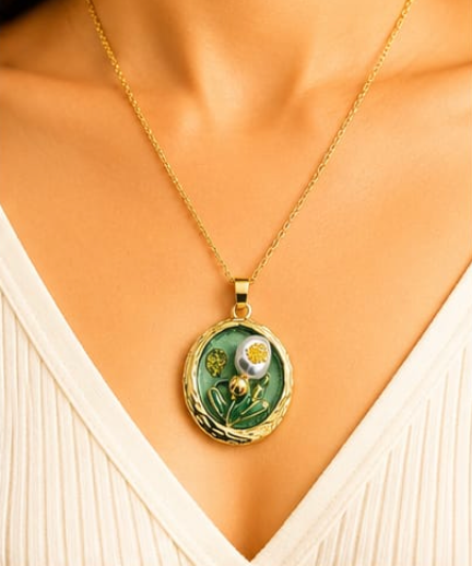 Gold 3D Tulip & Pearl Sage Green Enamel Circle Coin Pendant Necklace