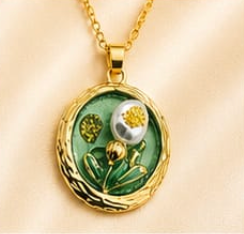 Gold 3D Tulip & Pearl Sage Green Enamel Circle Coin Pendant Necklace