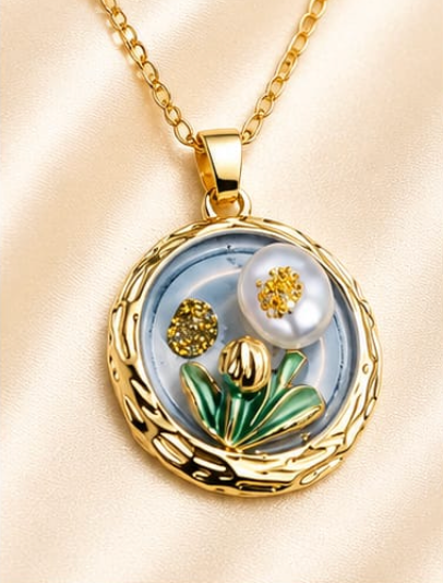 Gold 3D Tulip & Pearl Dusty Blue Enamel Circle Coin Pendant Necklace