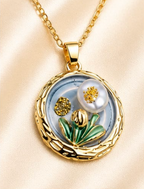 Gold 3D Tulip & Pearl Dusty Blue Enamel Circle Coin Pendant Necklace