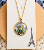 Gold 3D Tulip & Pearl Dusty Blue Enamel Circle Coin Pendant Necklace