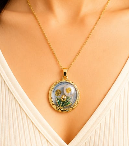 Gold 3D Tulip & Pearl Dusty Blue Enamel Circle Coin Pendant Necklace