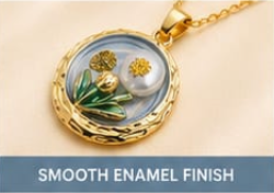 Gold 3D Tulip & Pearl Dusty Blue Enamel Circle Coin Pendant Necklace