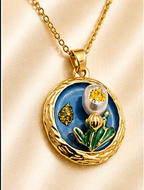 Gold 3D Tulip & Pearl Cobalt Blue Enamel Circle Coin Pendant Necklace