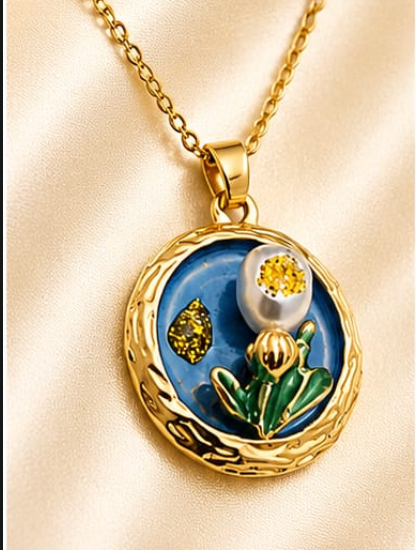 Gold 3D Tulip & Pearl Cobalt Blue Enamel Circle Coin Pendant Necklace