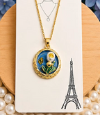 Gold 3D Tulip & Pearl Cobalt Blue Enamel Circle Coin Pendant Necklace