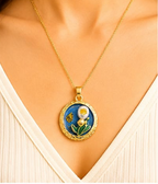 Gold 3D Tulip & Pearl Cobalt Blue Enamel Circle Coin Pendant Necklace
