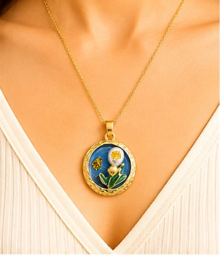 Gold 3D Tulip & Pearl Cobalt Blue Enamel Circle Coin Pendant Necklace