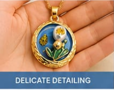 Gold 3D Tulip & Pearl Cobalt Blue Enamel Circle Coin Pendant Necklace