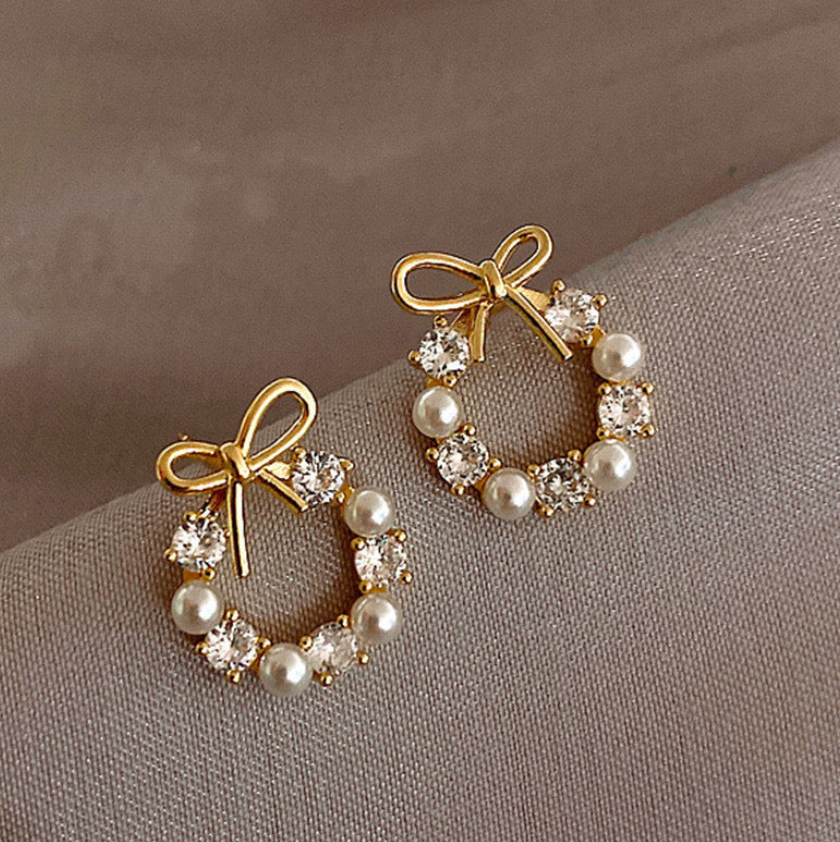 Pearl & Crystal Bow Wreath Stud Earrings