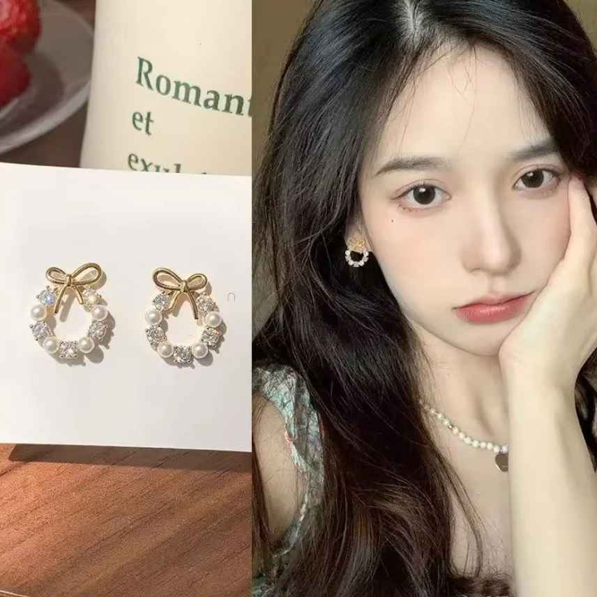 Pearl & Crystal Bow Wreath Stud Earrings