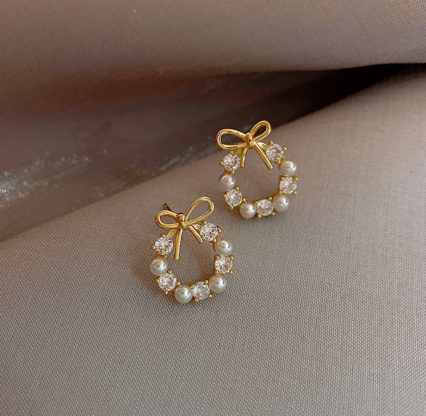 Pearl & Crystal Bow Wreath Stud Earrings