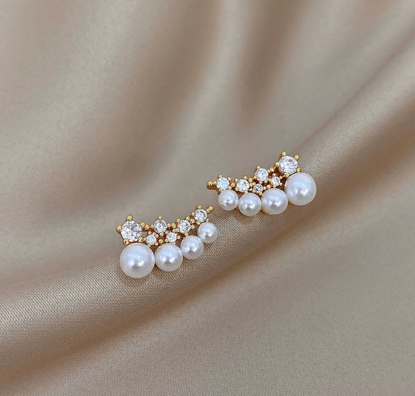 Pearl & CZ Crown Ear Crawler Earrings