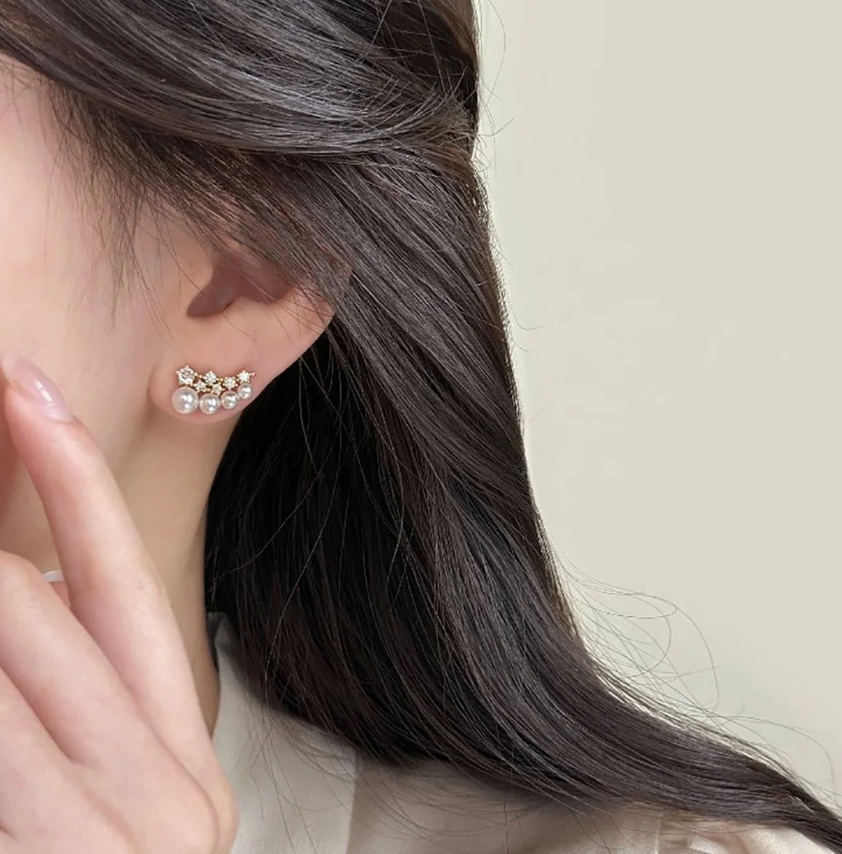 Pearl & CZ Crown Ear Crawler Earrings