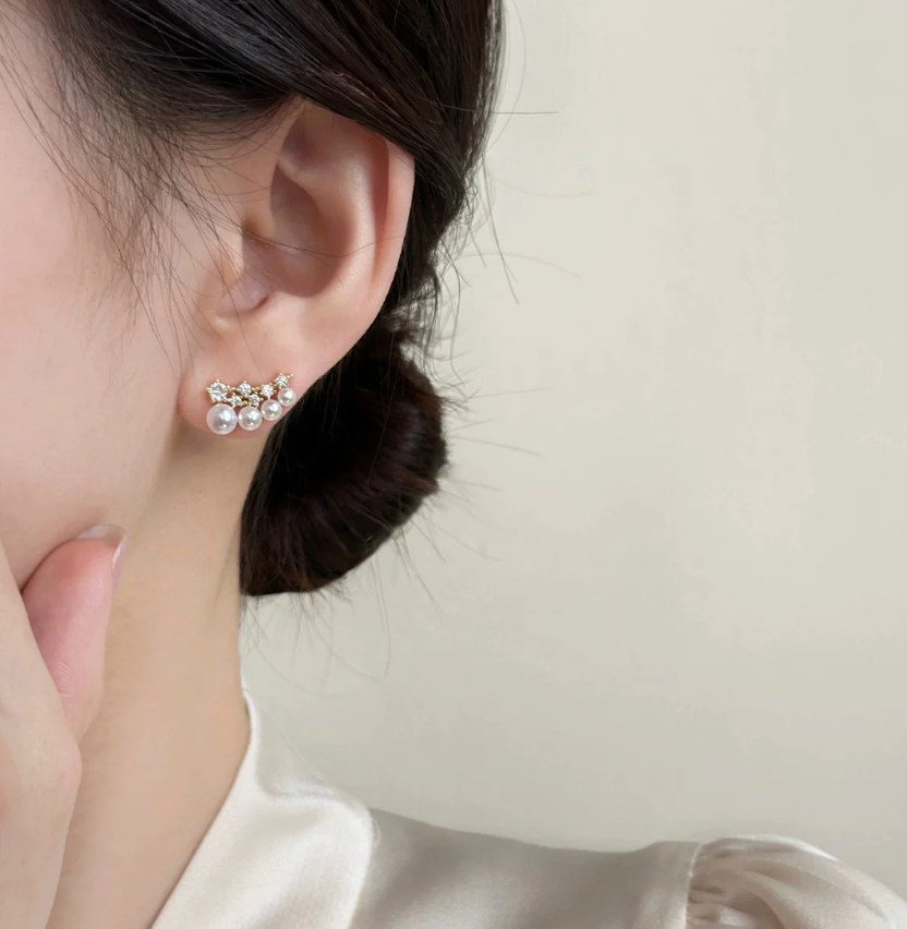 Pearl & CZ Crown Ear Crawler Earrings