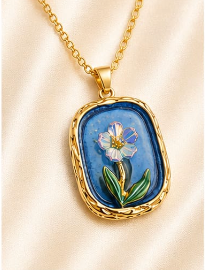 Blue Enamel Floral Pendant Necklace