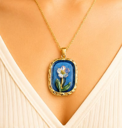 Blue Enamel Floral Pendant Necklace