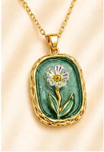 Green Enamel Daisy Pendant Necklace