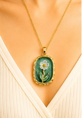 Green Enamel Daisy Pendant Necklace