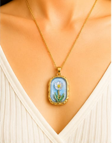 Blue Enamel Tulip Pendant Necklace