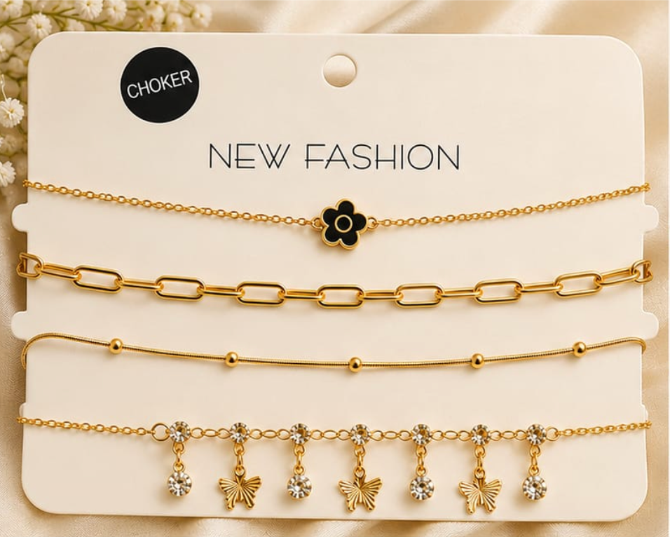 4-in-1 Layered Choker Necklace Set – Black Flower & Butterfly