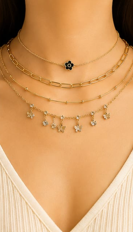 4-in-1 Layered Choker Necklace Set – Black Flower & Butterfly