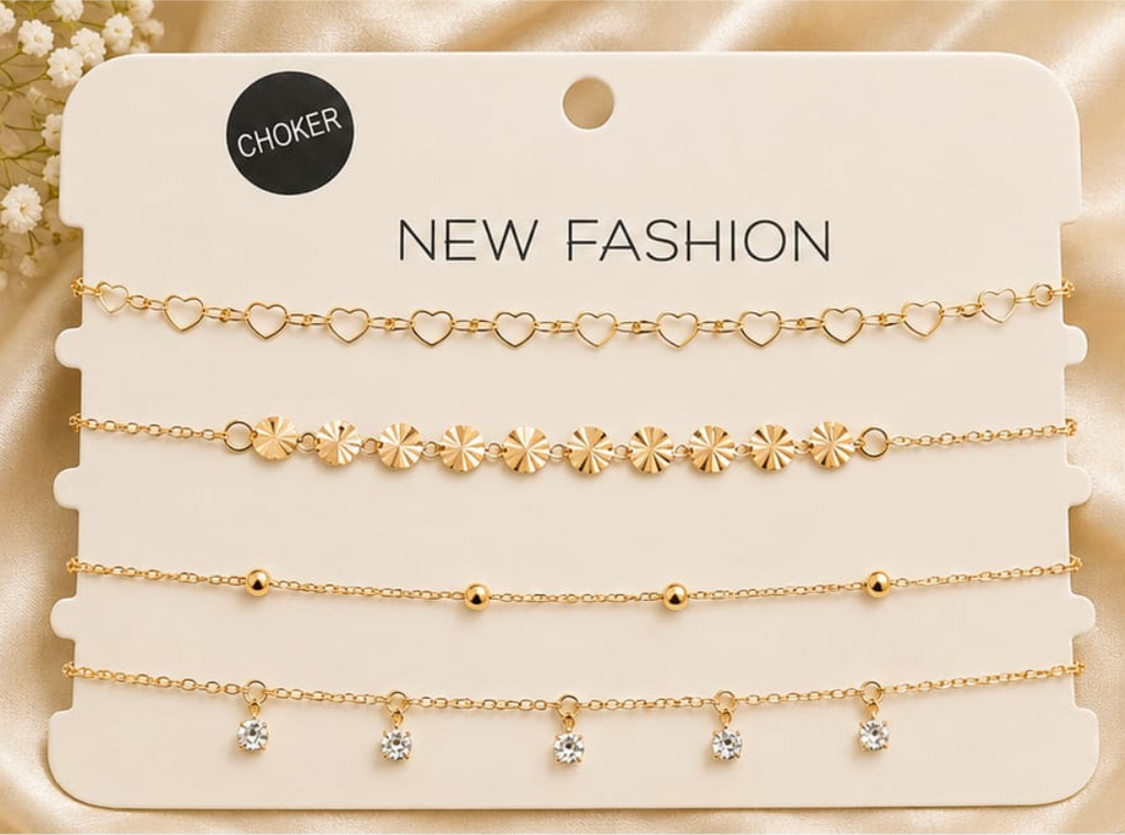 4-in-1 Layered Choker Necklace Set – Heart, Sunburst, Bead & CZ Drop