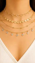 4-in-1 Layered Choker Necklace Set – Heart, Sunburst, Bead & CZ Drop