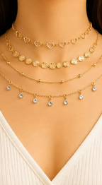 4-in-1 Layered Choker Necklace Set – Heart, Sunburst, Bead & CZ Drop