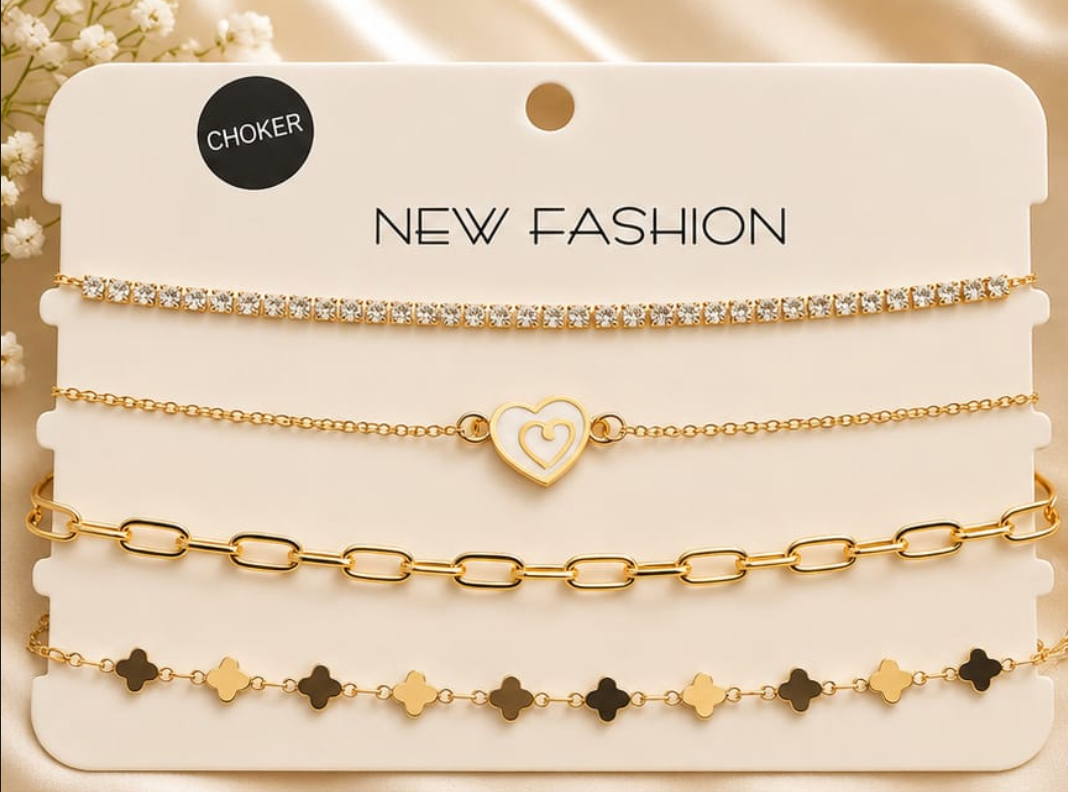 4-in-1 Layered Choker Necklace Set – CZ Tennis, White Heart, Paperclip & Clover