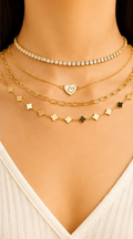 4-in-1 Layered Choker Necklace Set – CZ Tennis, White Heart, Paperclip & Clover