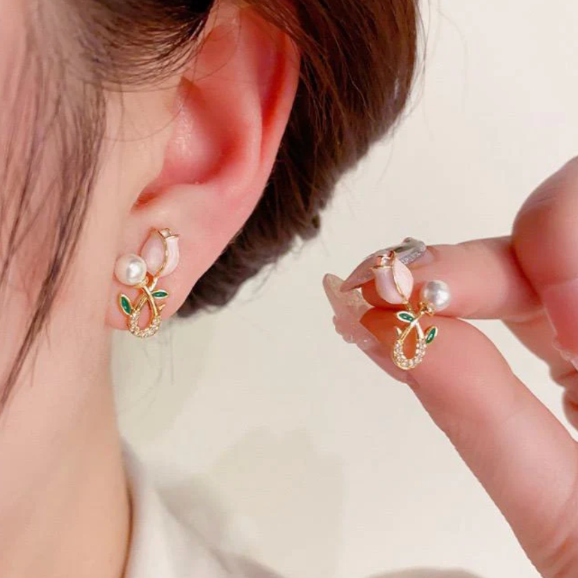 Pink Tulip Pearl Drop Earrings
