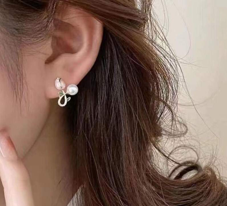 Pink Tulip Pearl Drop Earrings