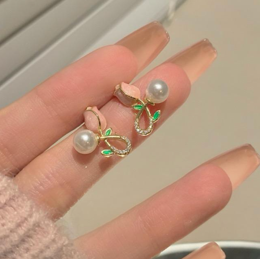 Pink Tulip Pearl Drop Earrings